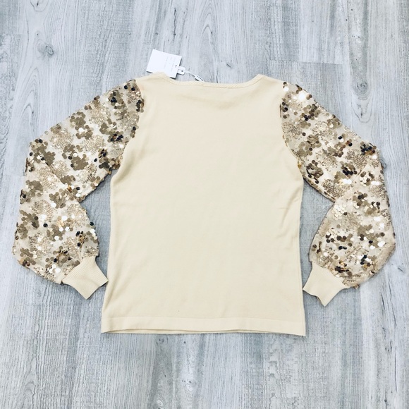 NWT Sioni Cream Gold Sequin Crew Neck Glitter Sweater Mesh Sleeve Size Small - Picture 2 of 8